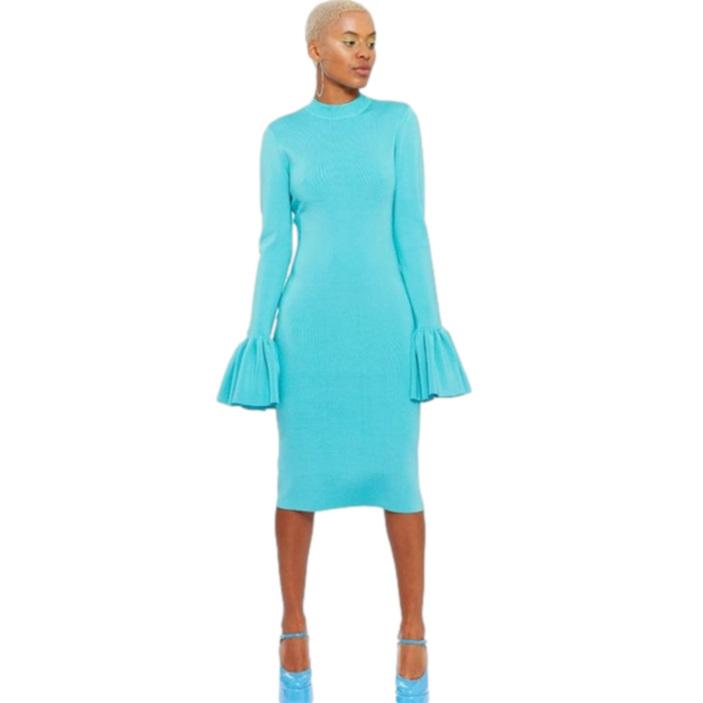CHAOUICHE Women's Kim Dress dramatic bell sleeve teal size small NWT